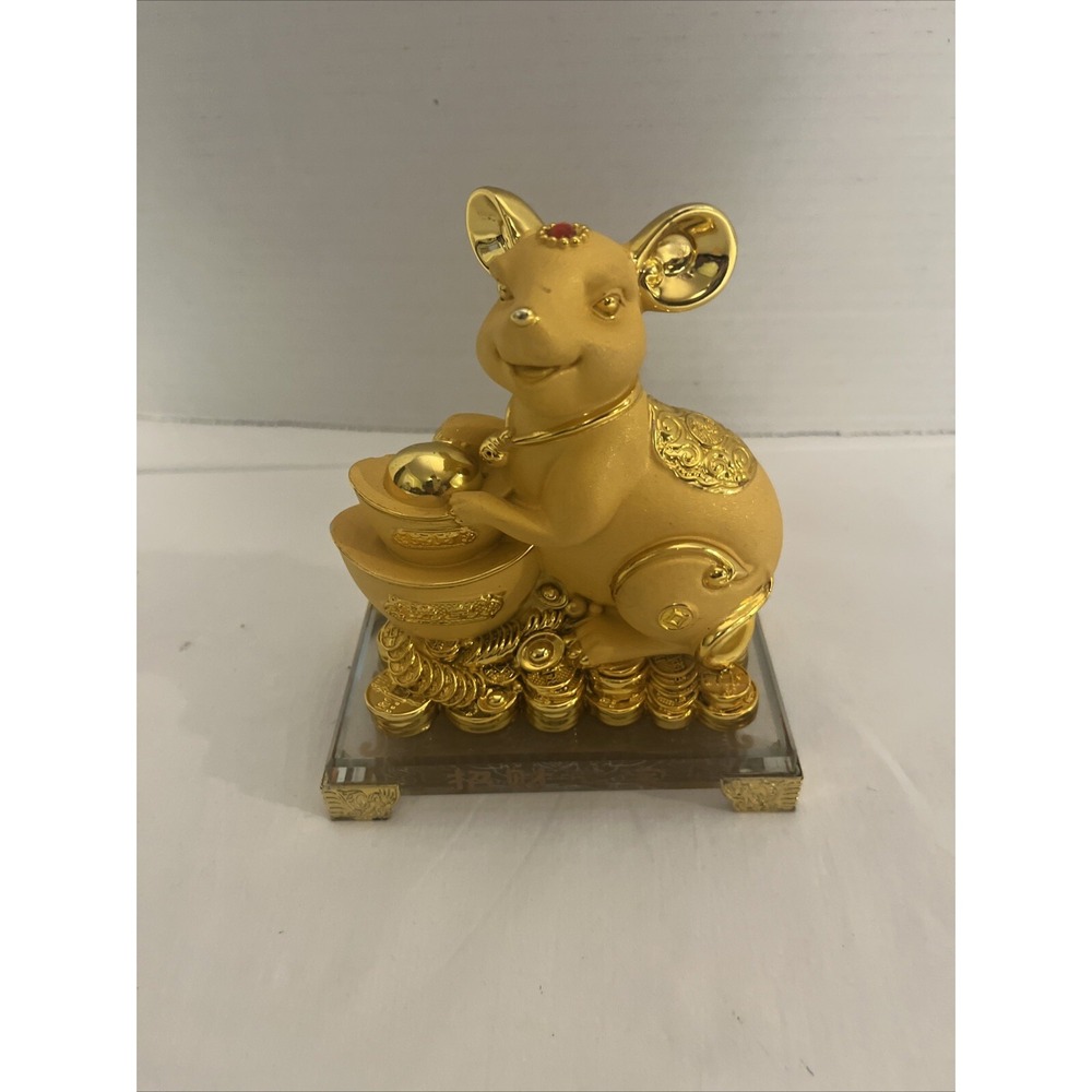 Feng Shui Gold Chinese Zodiac Happy Rat Pot Gold Statue Figurine  Home Office
